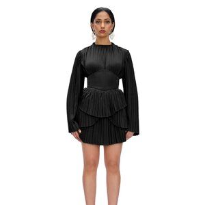 Andrea Iyamah Lenti Pleated Mini Dress Black NWT Size L Corset Belt Satin